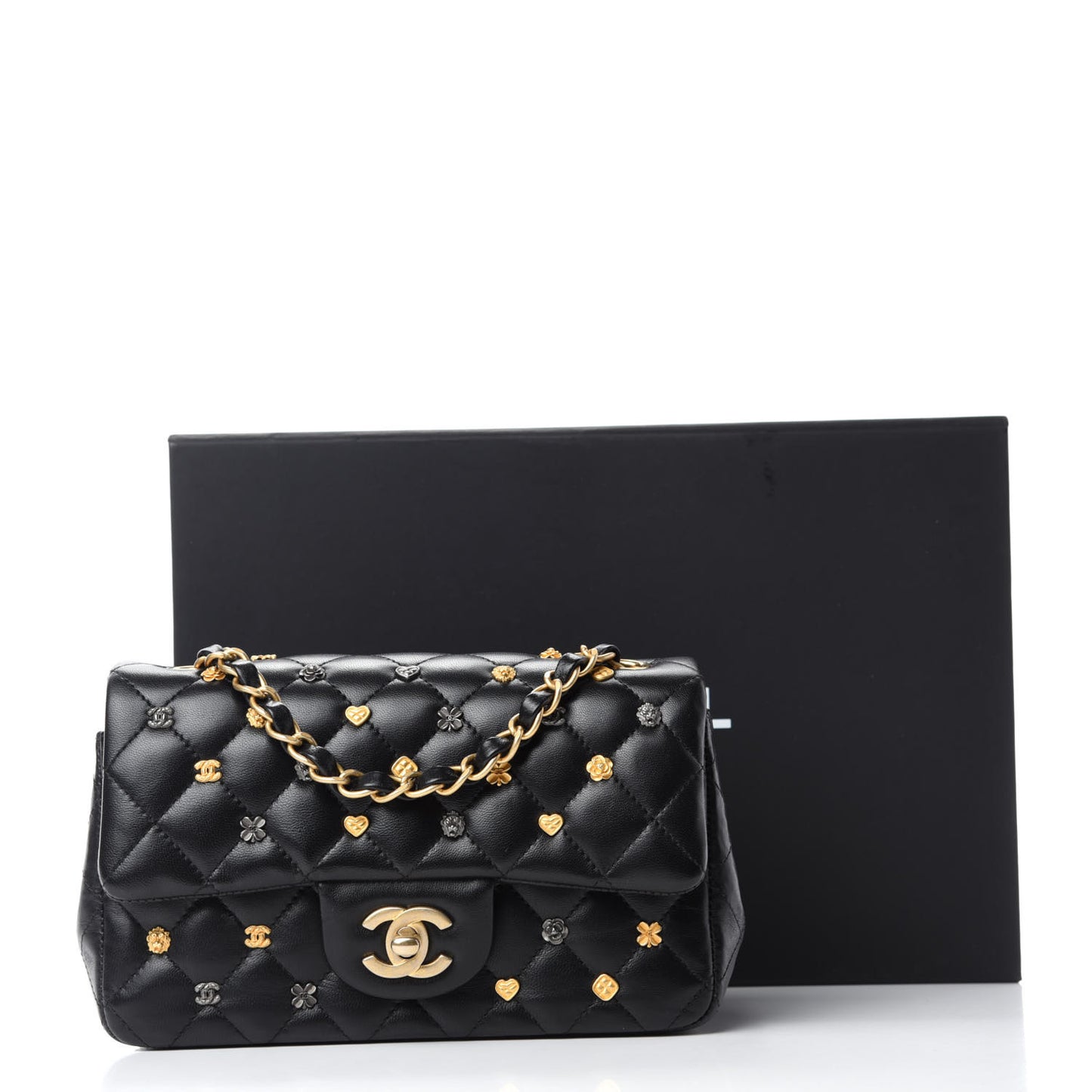 Lambskin Quilted Studded Mini Rectangular Flap Black
