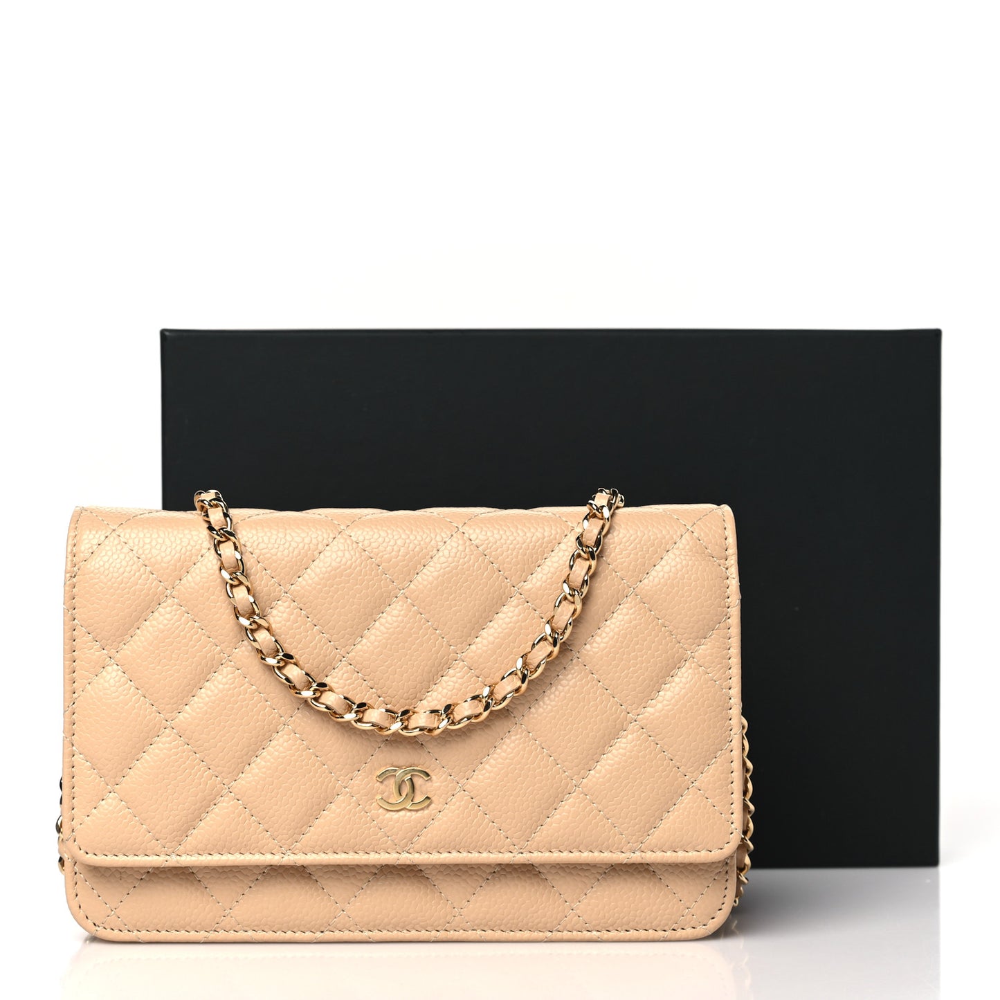 Caviar Quilted Wallet on Chain WOC Beige