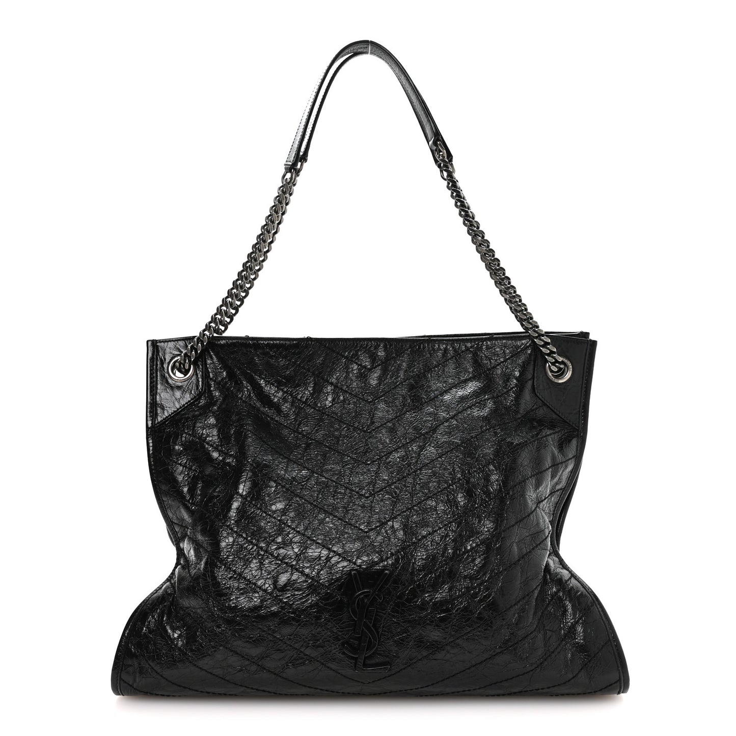 Crinkled Calfskin Matelasse Monogram Medium Niki Shopper Tote Black