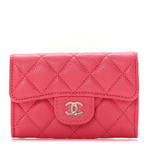 Caviar Quilted Flap Card Holder Wallet Pink