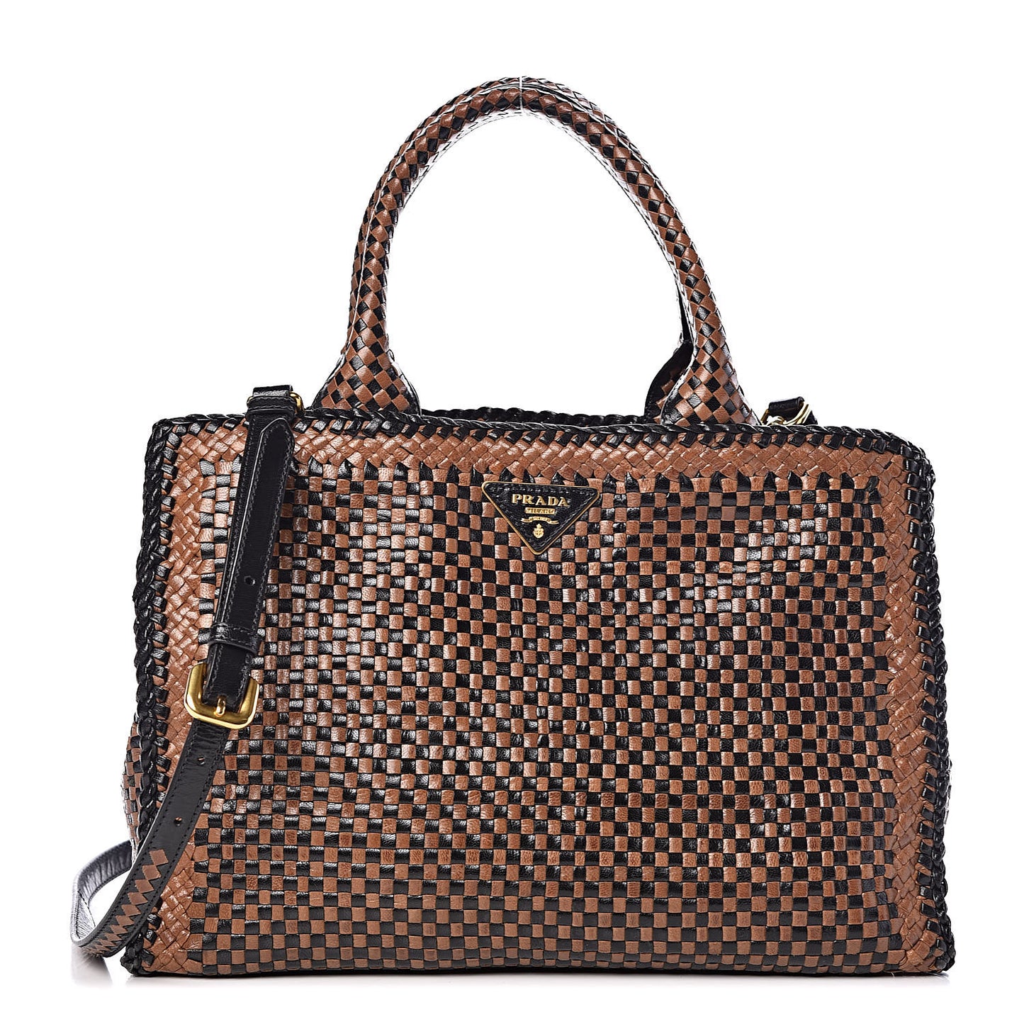 Goatskin Woven Small Tote Black Cammello
