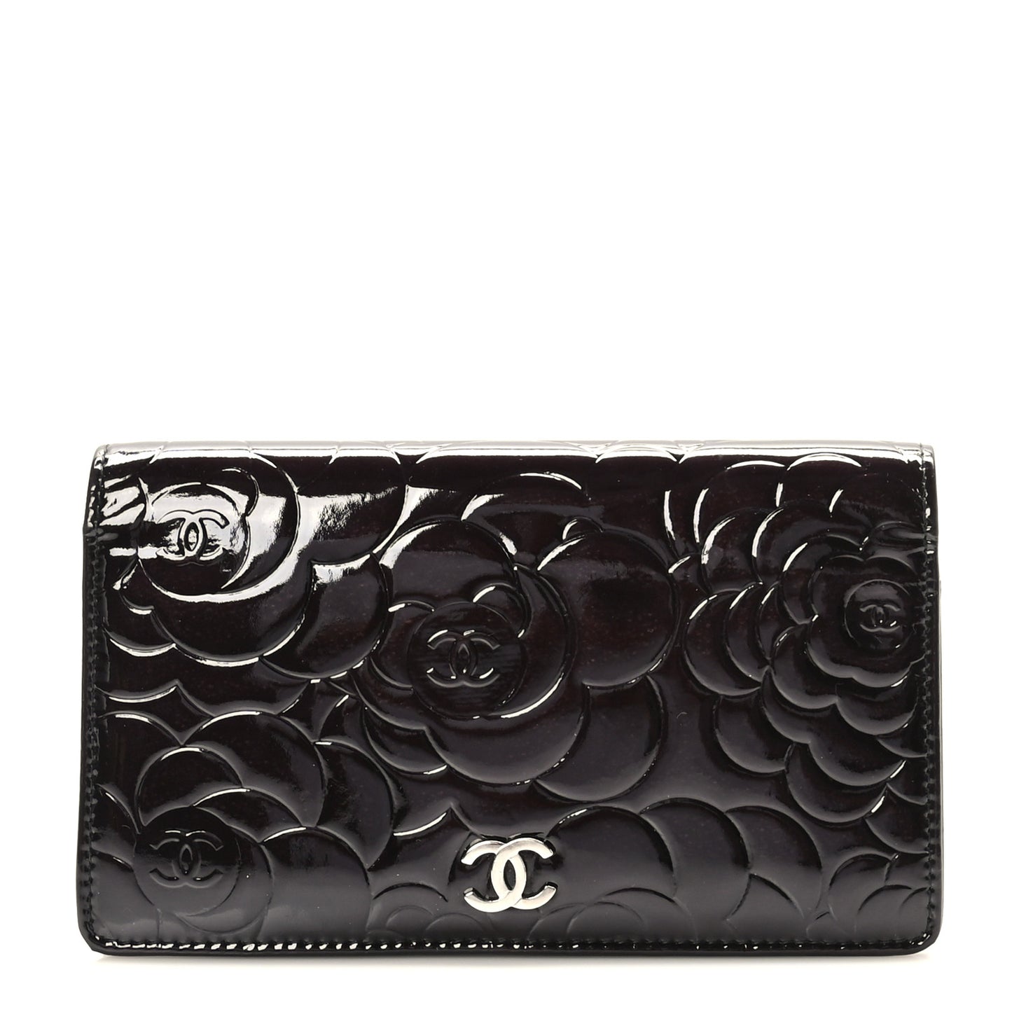 Patent Camellia Embossed Yen Wallet Black