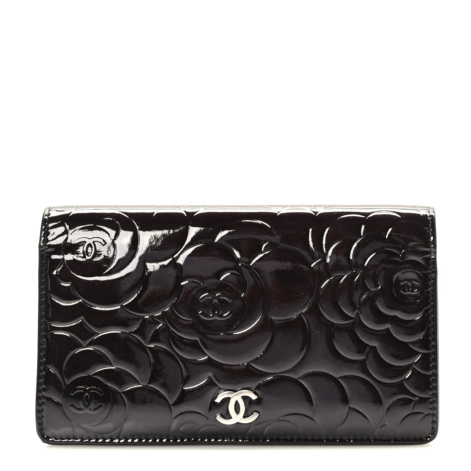 Chanel Patent Camellia Embossed Yen Wallet Black 1 of 10