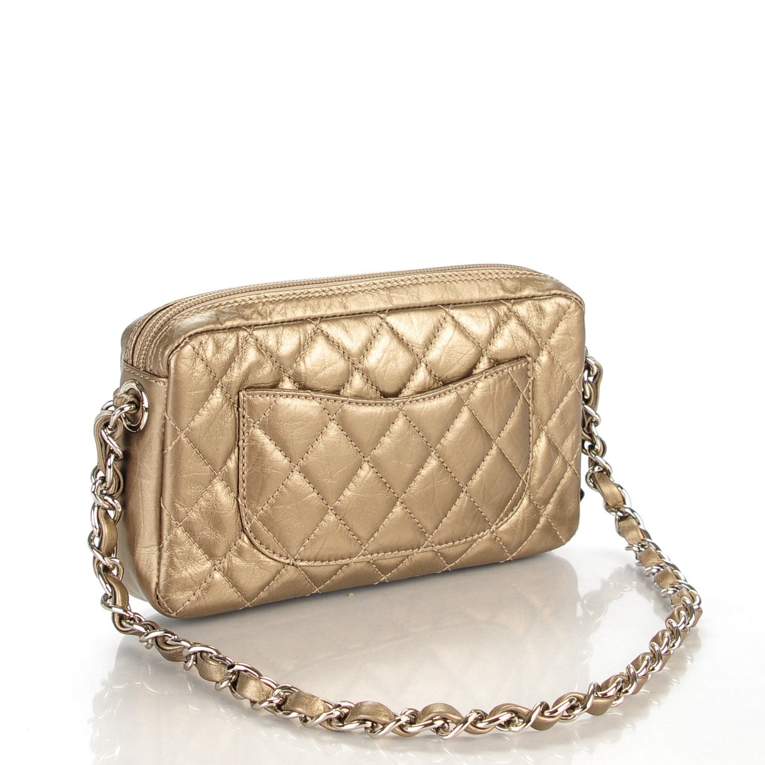 Chanel Metallic Aged Calfskin Quilted Cotton Club Pochette Khaki 3 of 7