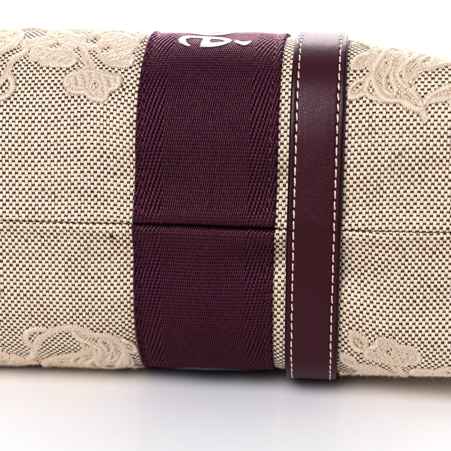 Cotton Calfskin Embroidered Medium Woody Ribbon Tote Burgundy