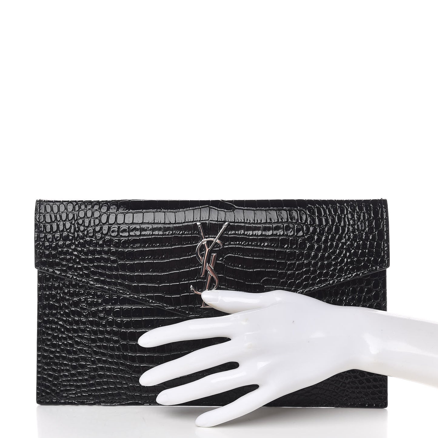 Calfskin Crocodile Embossed Uptown Monogram Clutch Black