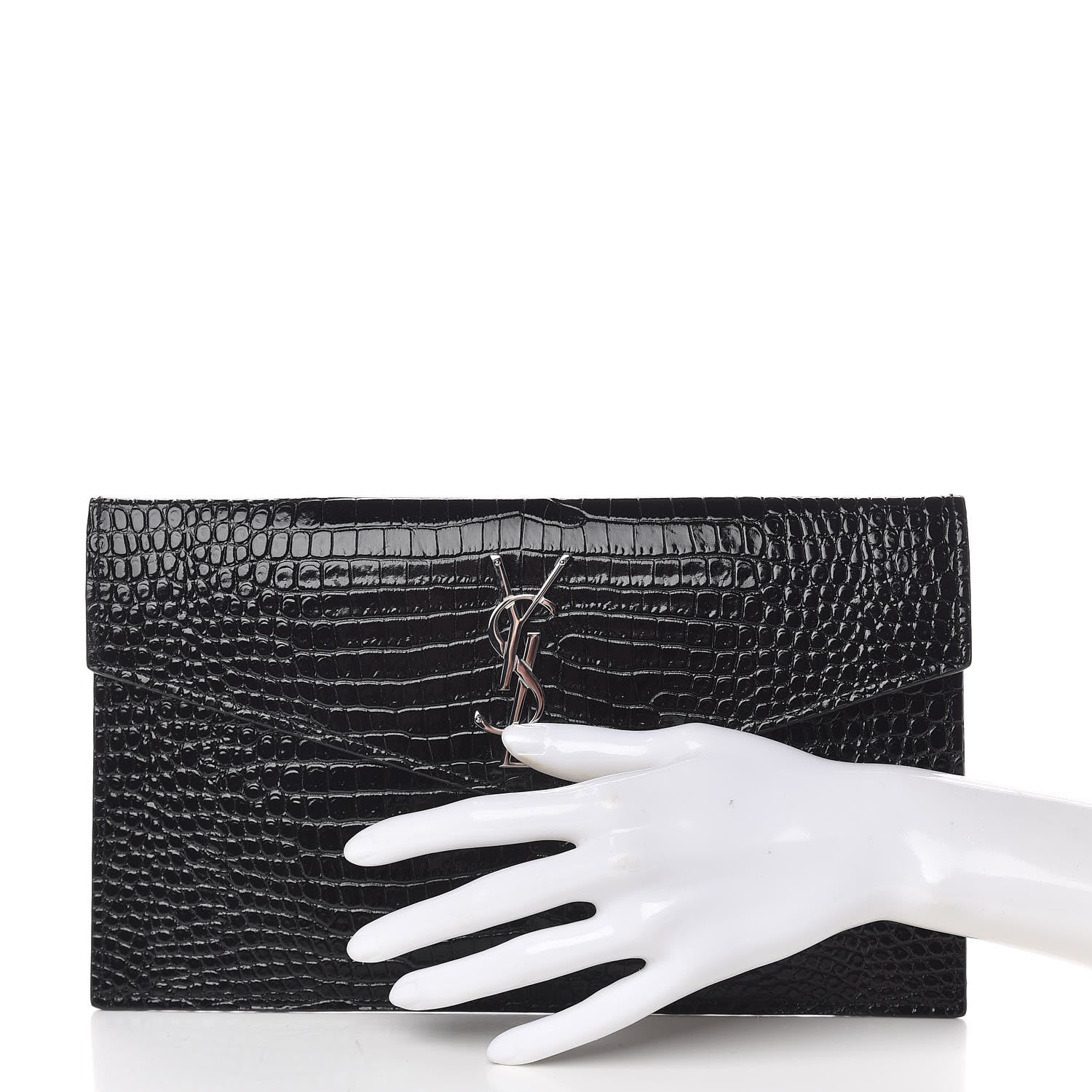 Saint Laurent Calfskin Crocodile Embossed Uptown Monogram Clutch Black 2 of 8