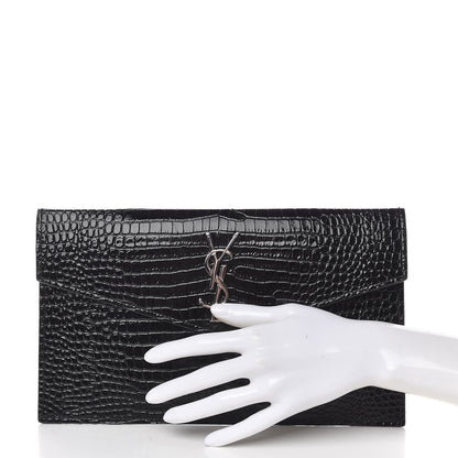 Saint Laurent Calfskin Crocodile Embossed Uptown Monogram Clutch Black 2 of 8