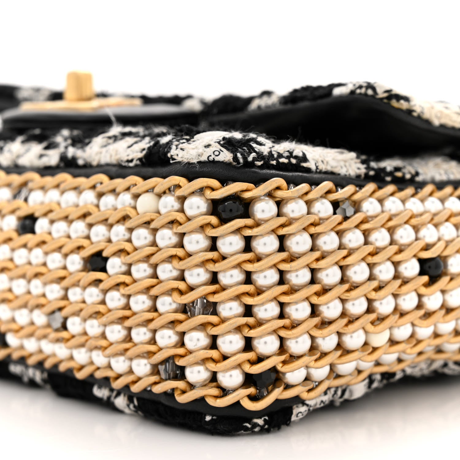 Chanel Tweed Quilted Mini Side Pearl Flap Bag Black Ecru White 10 of 12