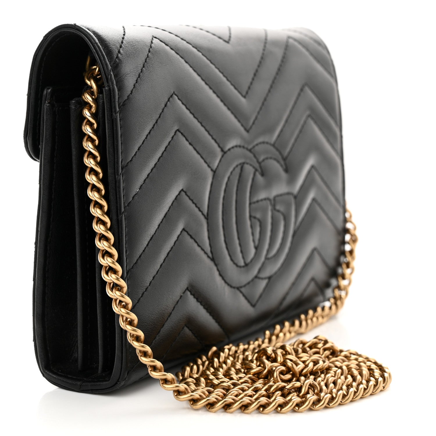 Gucci Calfskin Matelasse GG Marmont Chain Wallet Black 3 of 12