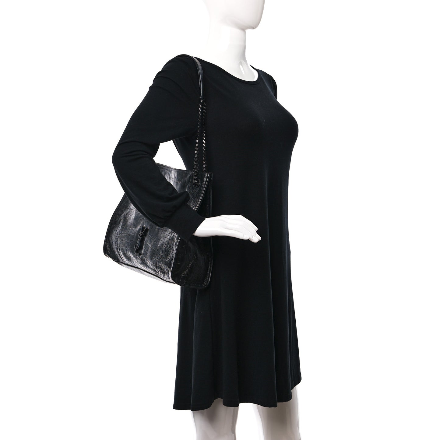 Calfskin Crocodile Embossed Monogram Medium Niki Shopping Bag Black