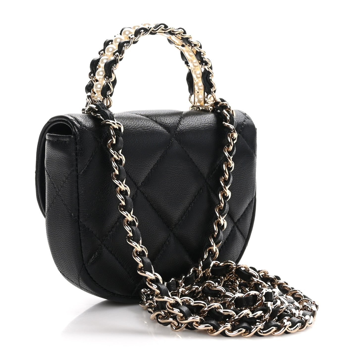 Lambskin Quilted Pearl Top Handle Clutch With Chain Black