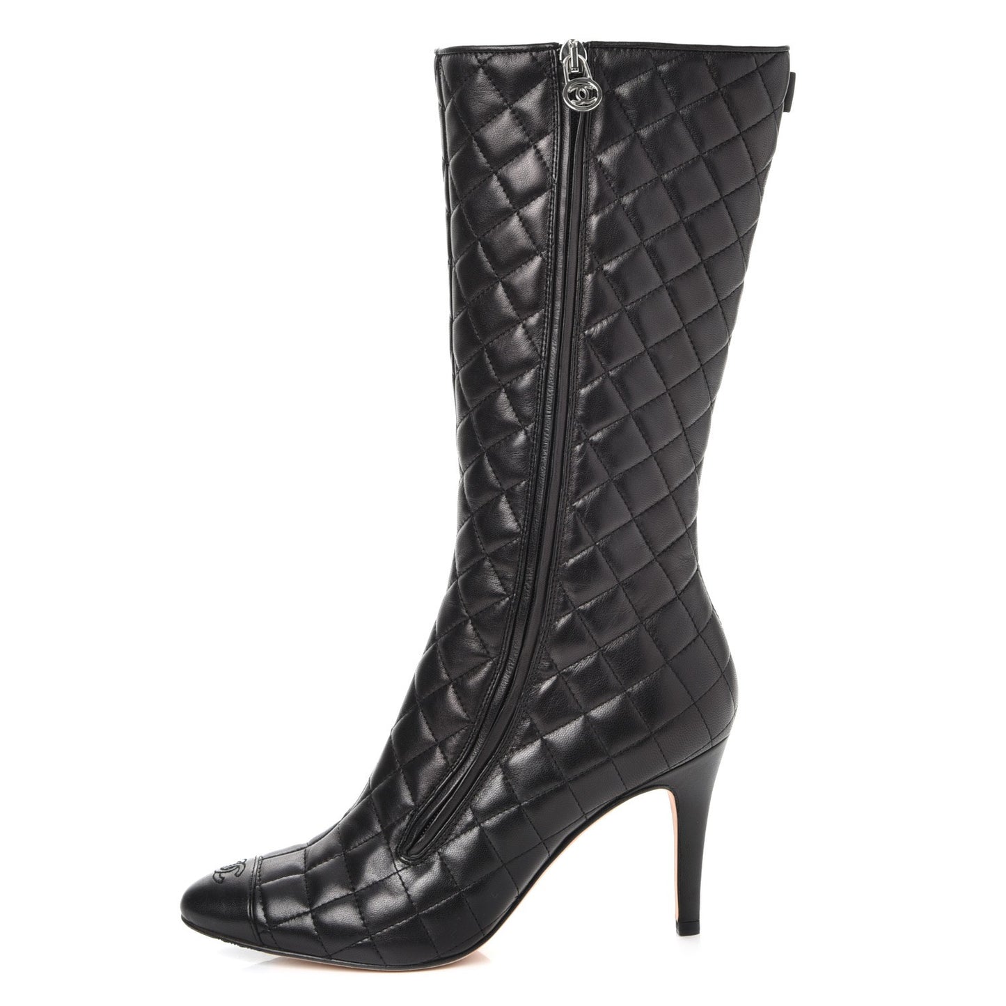 Lambskin Quilted CC Cap Toe Boots 38.5 Black