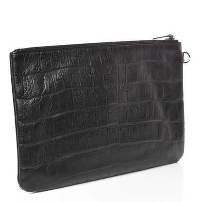 Saint Laurent Calfskin Crocodile Embossed Monogram Zip Pouch Black 3 of 8