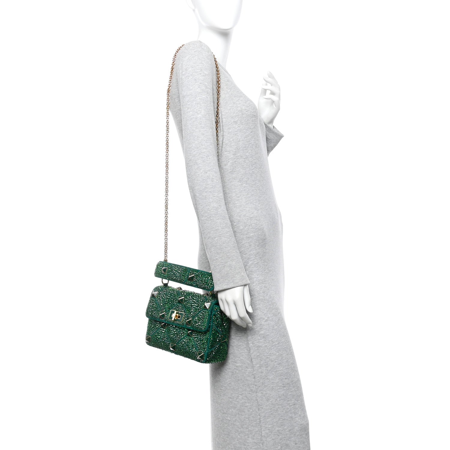Valentino Garavani Crystal Suede Enamel Medium Roman Stud Shoulder Bag Green 2 of 11
