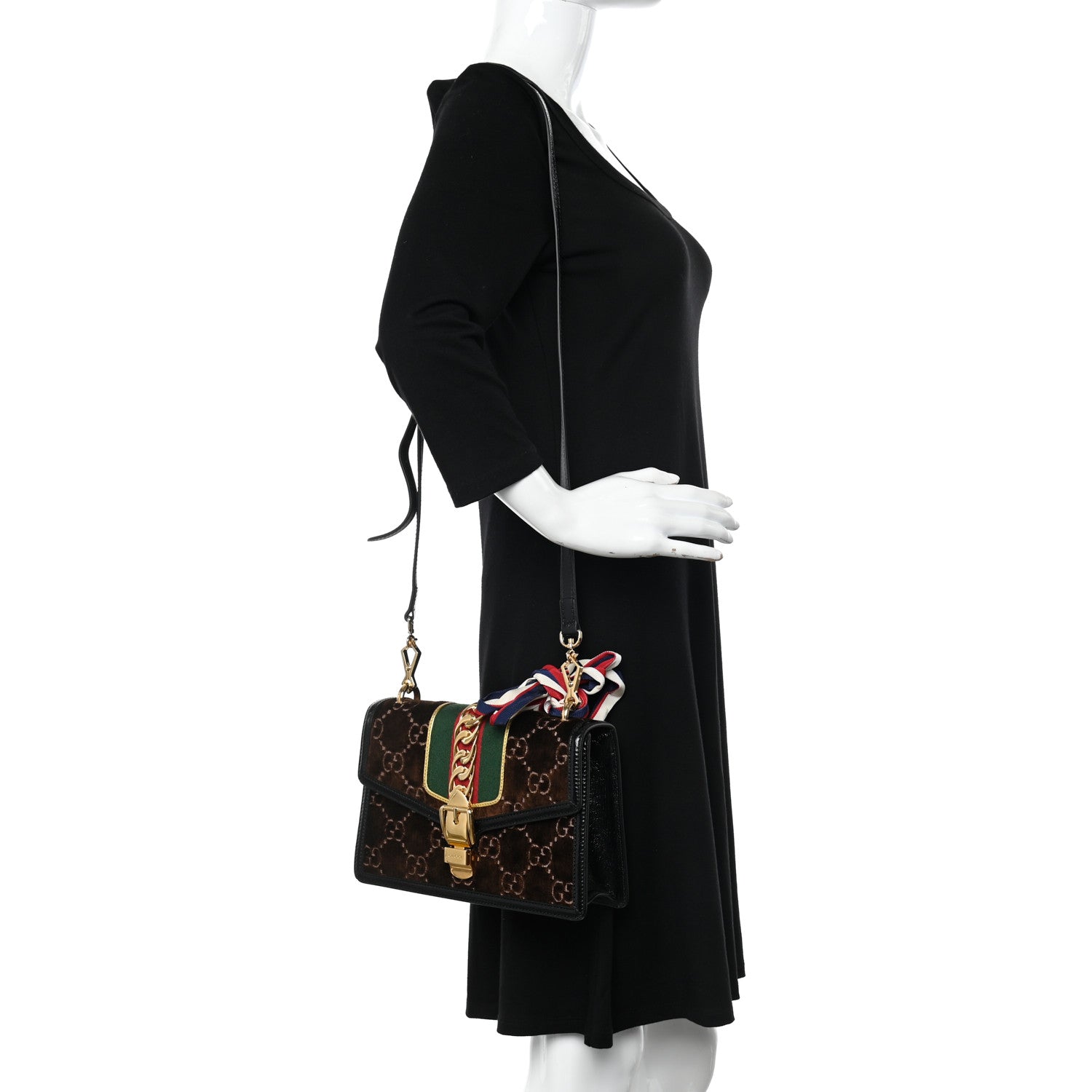 Gucci Velvet GG Monogram Web Small Sylvie Shoulder Bag Brown Black Oro Vecchio 3 of 9