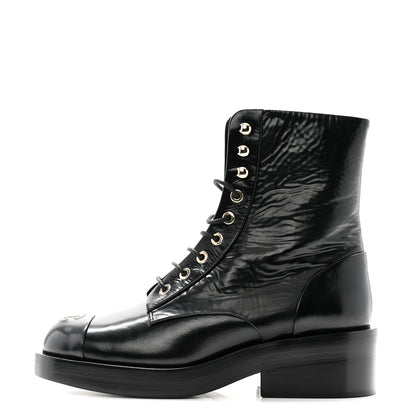 Chanel Shiny Goatskin Cap Toe Combat Boots 36.5 Black 1 of 10