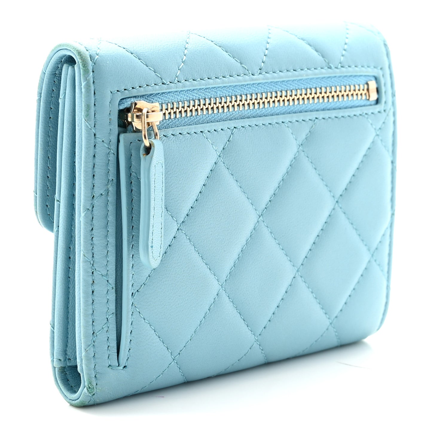Lambskin Quilted Compact Flap Wallet Light Blue