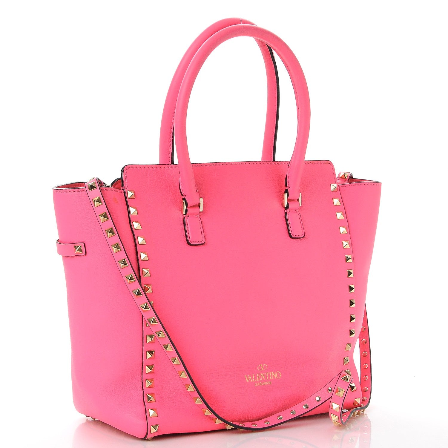 Valentino Garavani Vitello Rockstud Double Handle Tote Fuxia Fluo 3 of 11