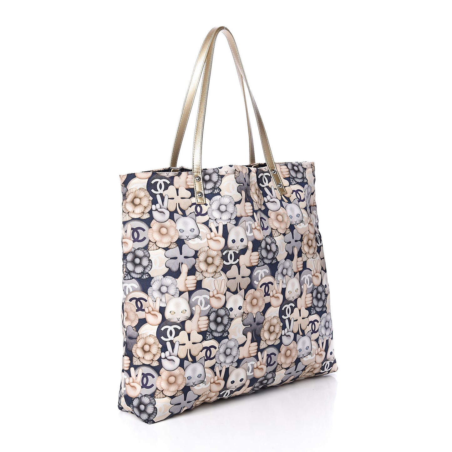 Nylon Cat Emoticon Tote Navy Gold
