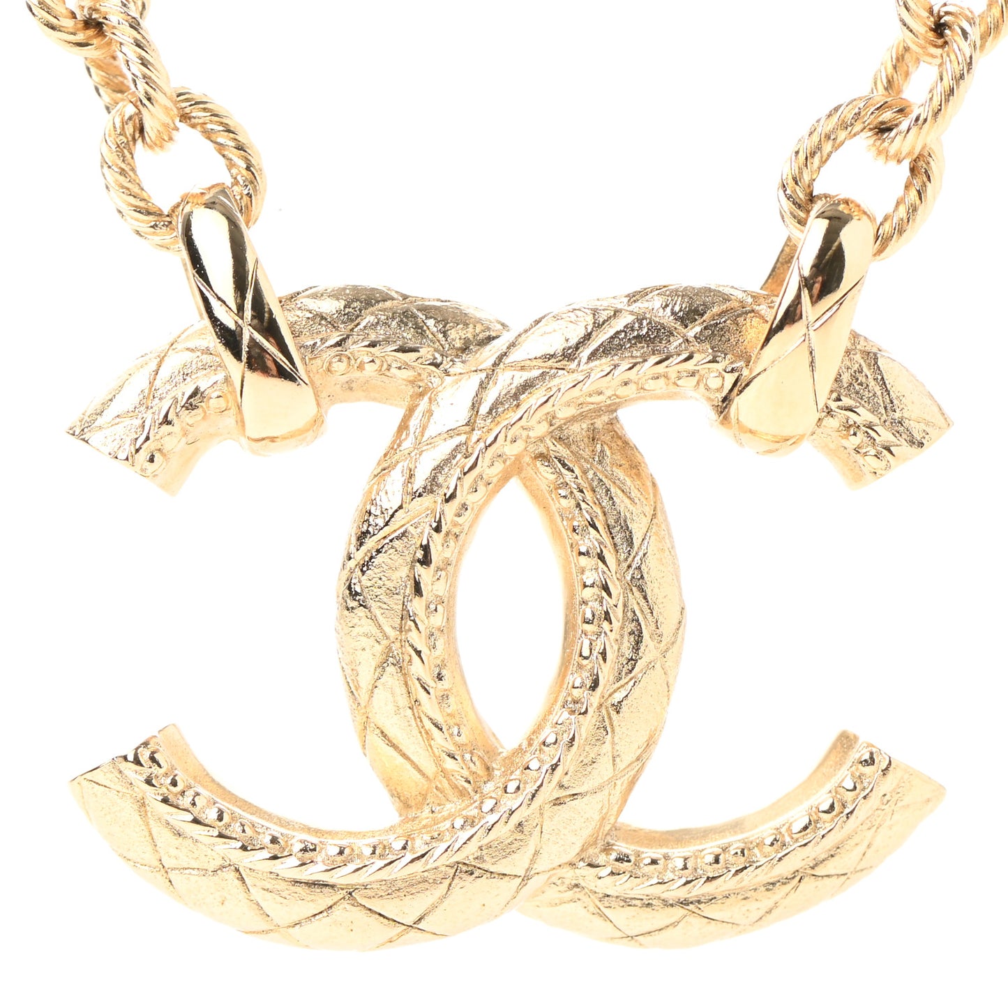 Metal Quilted CC Necklace Gold