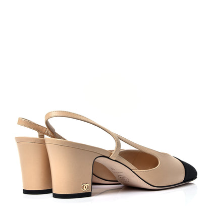 Chanel Goatskin Grosgrain Cap Toe CC Slingback Pumps 38 Beige Black 3 of 10