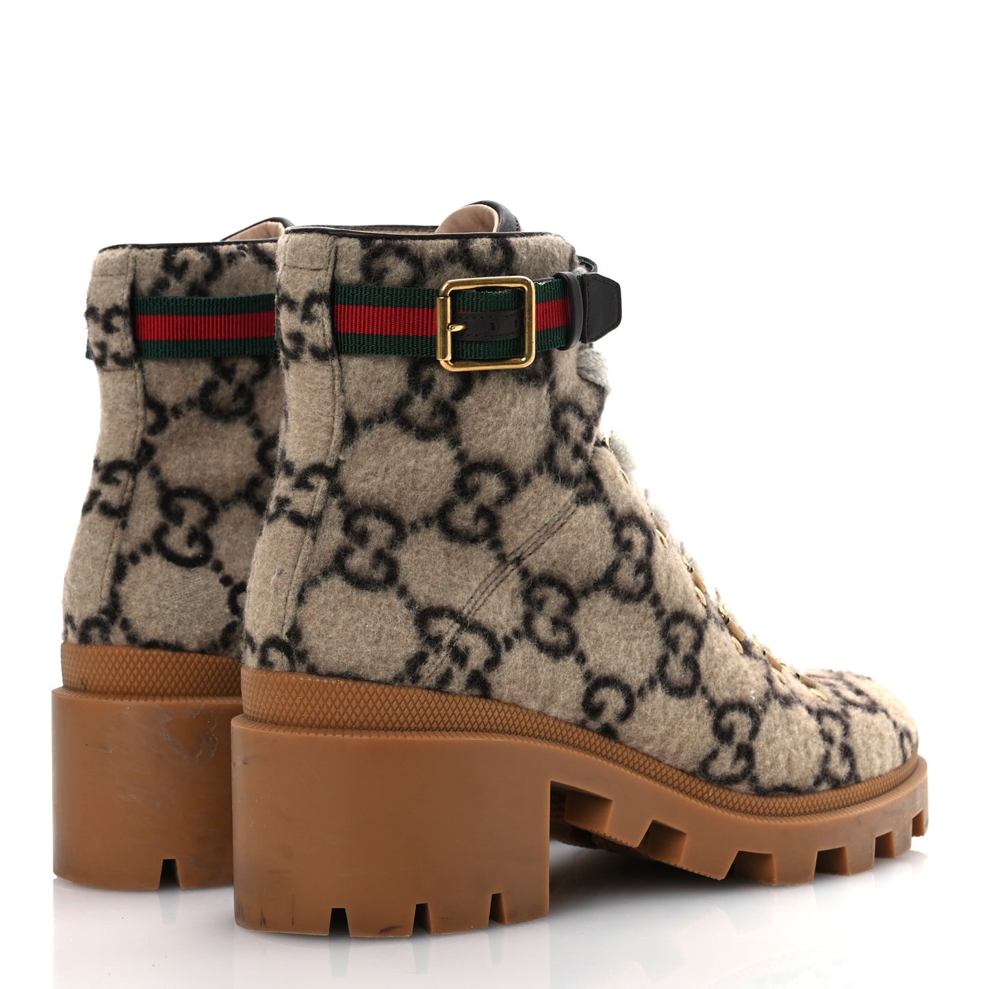 Covered Wool Big GG Monogram Womens Lace Up Combat Ankle Boots 40 Beige Ebony Cocoa