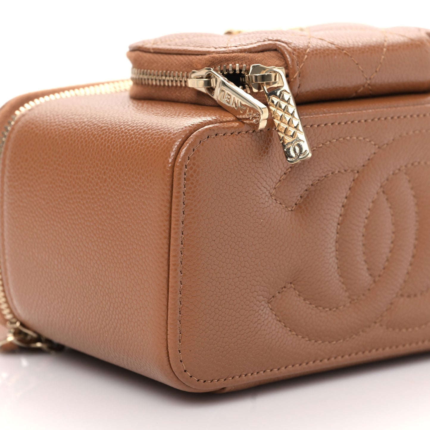 Caviar Quilted Top Handle Pocket Vanity Case Camel