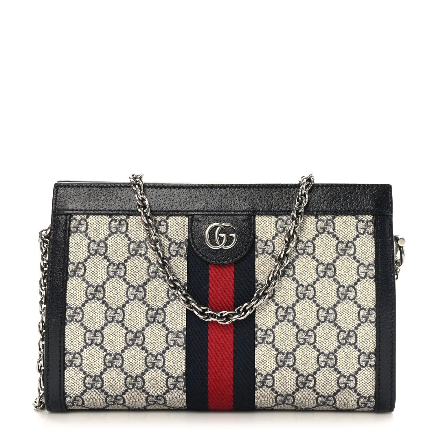 Gucci GG Supreme Monogram Textured Dollar Calfskin Web Small Ophidia Chain Shoulder Bag Beige Blue 1 of 9