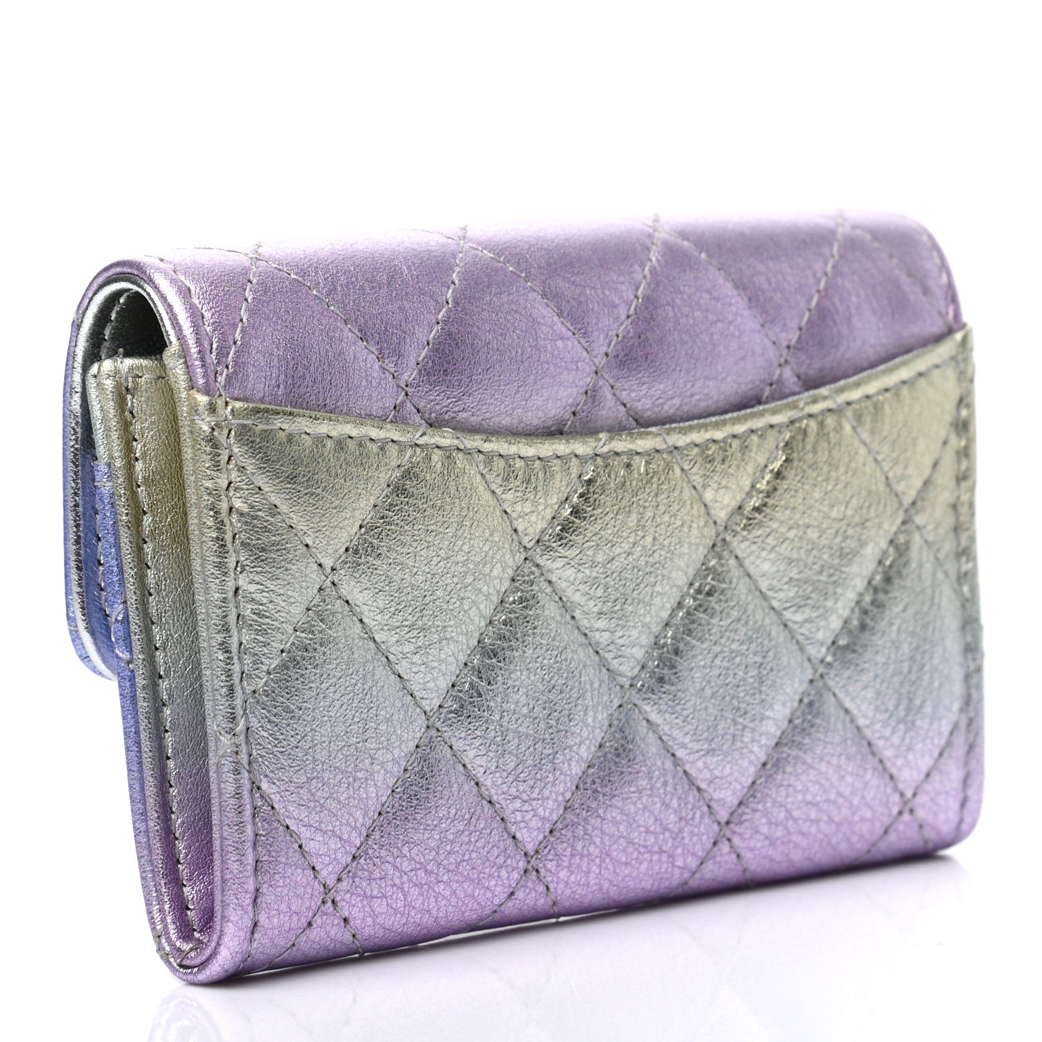 Chanel Gradient Metallic Calfskin Quilted Flap Card Holder Wallet Silver Blue Yellow Purple 3 of 8