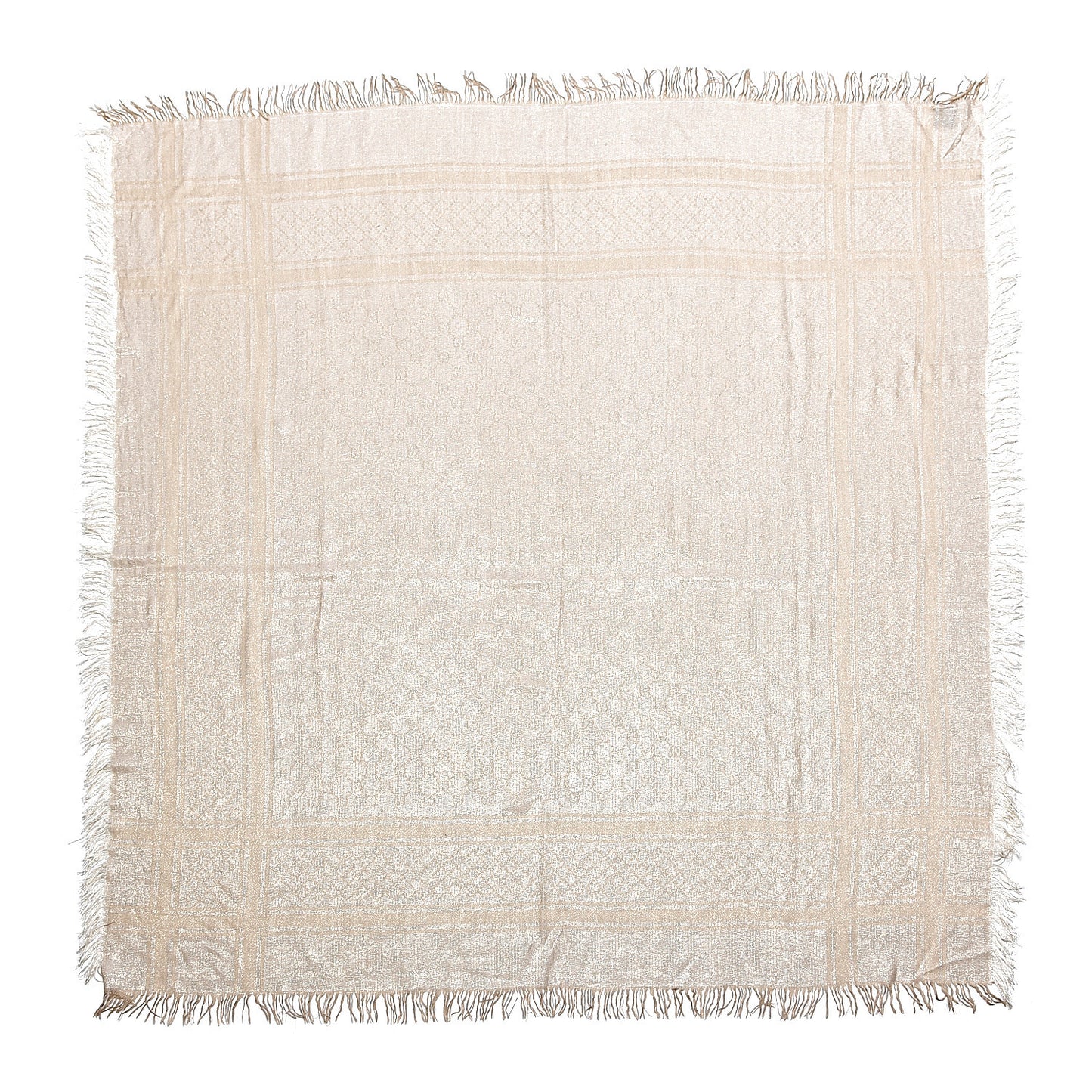Wool Silk Monogram Cavendish Fringe Shawl Ivory Gold