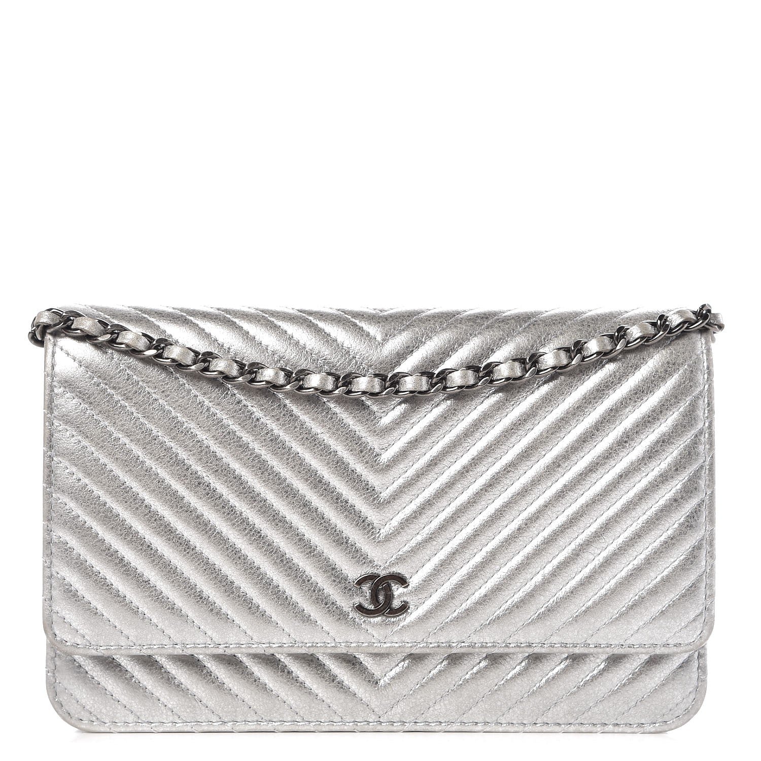 Chanel Metallic Lambskin Chevron Wallet On Chain WOC Silver 1 of 13