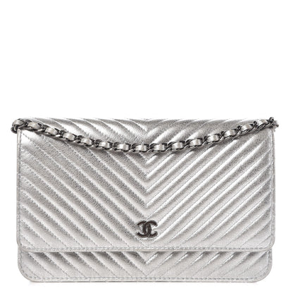 Chanel Metallic Lambskin Chevron Wallet On Chain WOC Silver 1 of 13