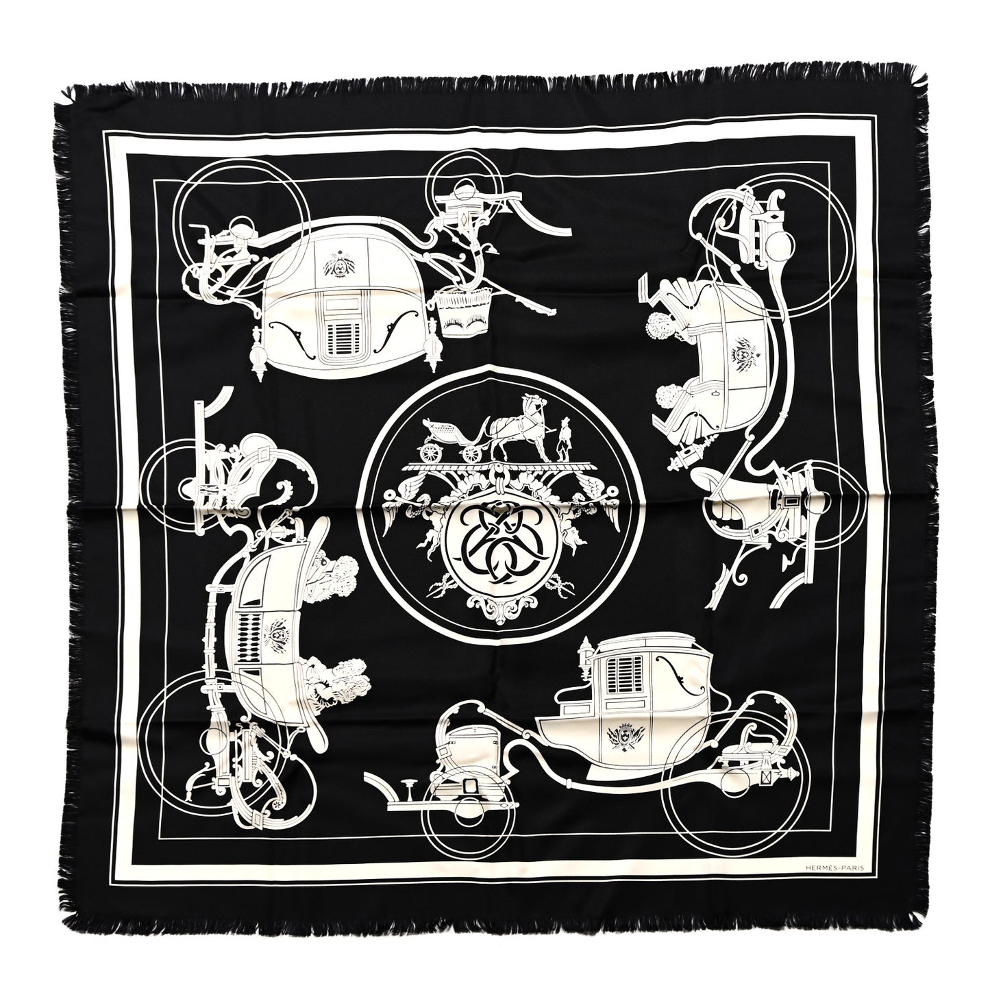 Silk Ex Libris Fringe Scarf 80 Black Ecru