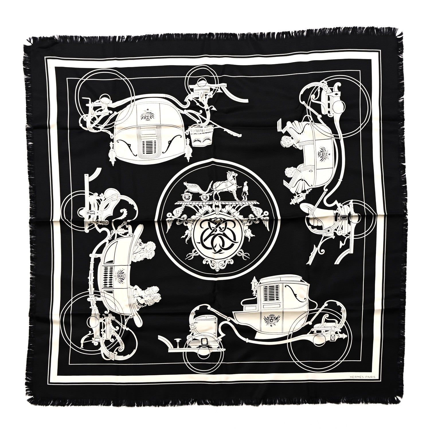 Hermes Silk Ex Libris Fringe Scarf 80 Black Ecru 1 of 4