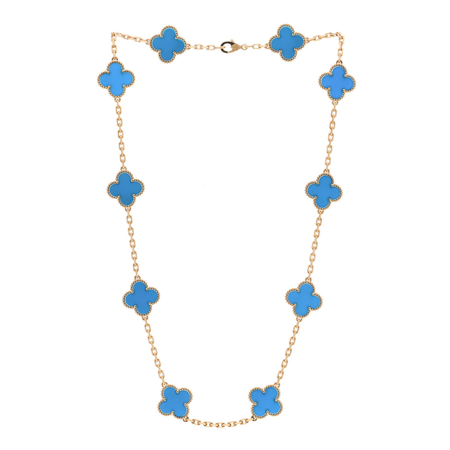 18K Yellow Gold Blue Agate 10 Motifs Vintage Alhambra Necklace