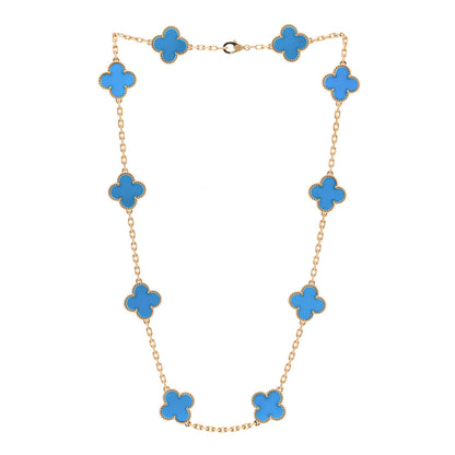 Van Cleef & Arpels 18K Yellow Gold Blue Agate 10 Motifs Vintage Alhambra Necklace 3 of 6