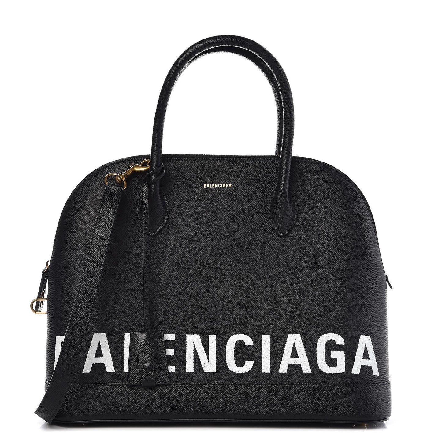 Signature Grained Calfskin Logo M Ville Top Handle Bag Black