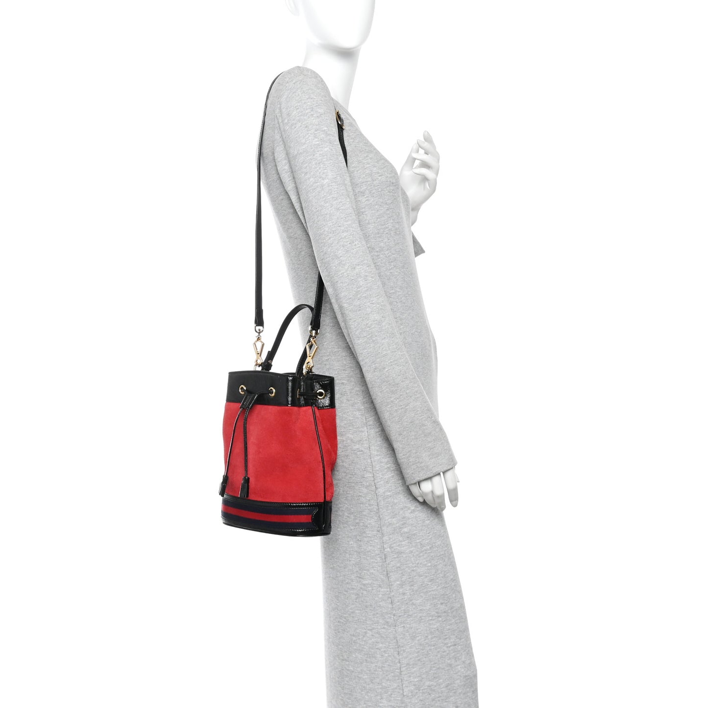 Suede Patent Web Small Ophidia Bucket Bag Hibiscus Red Black