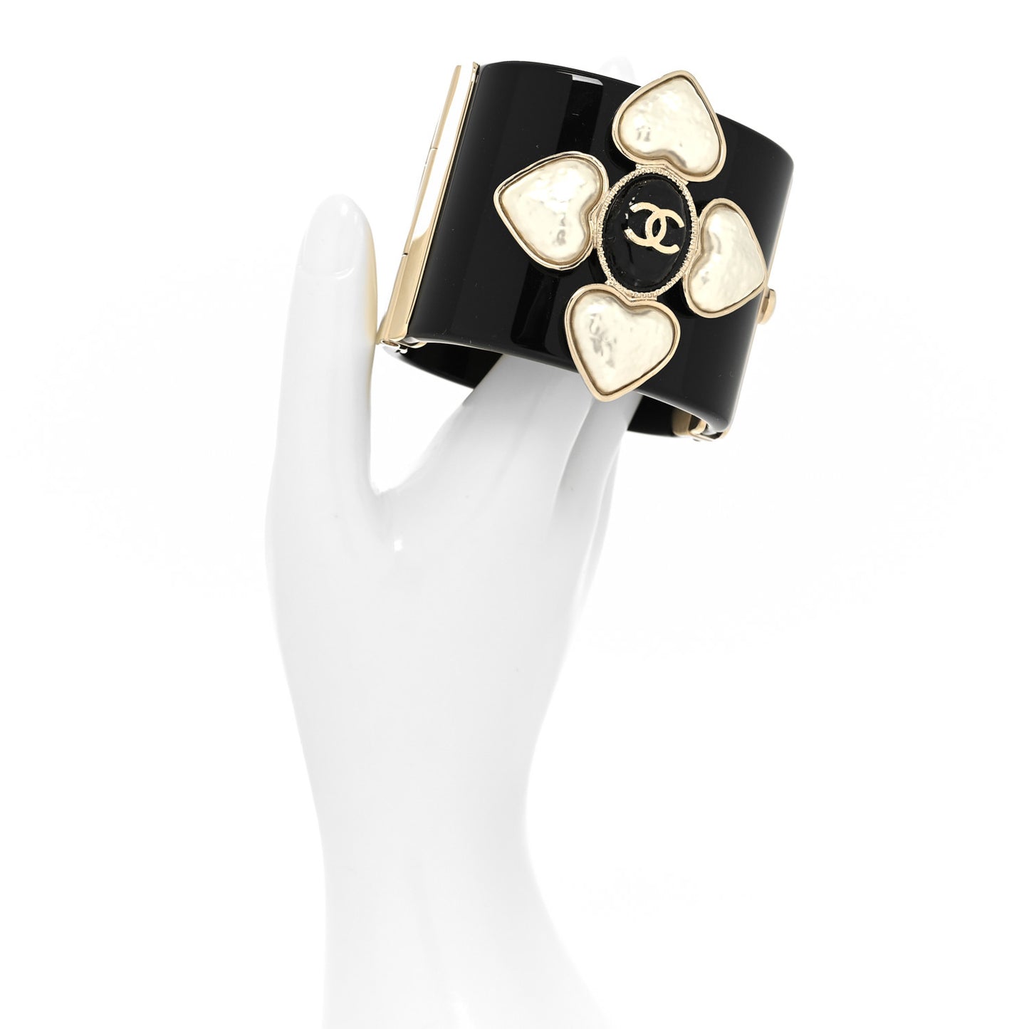 Resin Pearl Enamel CC Cuff Bracelet Black Pearly White Gold
