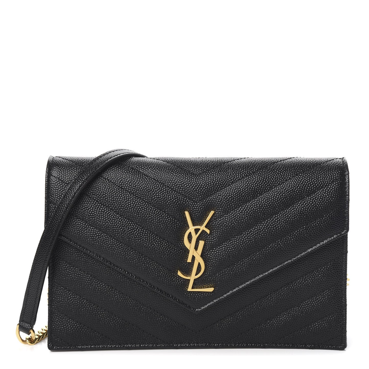 Grain De Poudre Matelasse Chevron Monogram Envelope Chain Wallet Black
