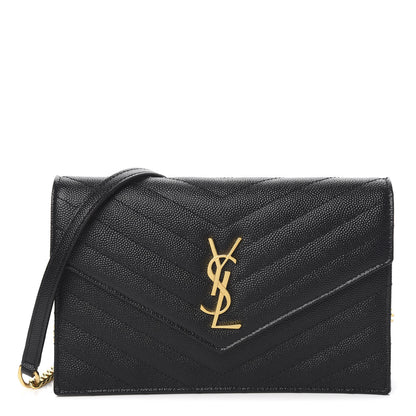 Saint Laurent Grain De Poudre Matelasse Chevron Monogram Envelope Chain Wallet Black 1 of 11