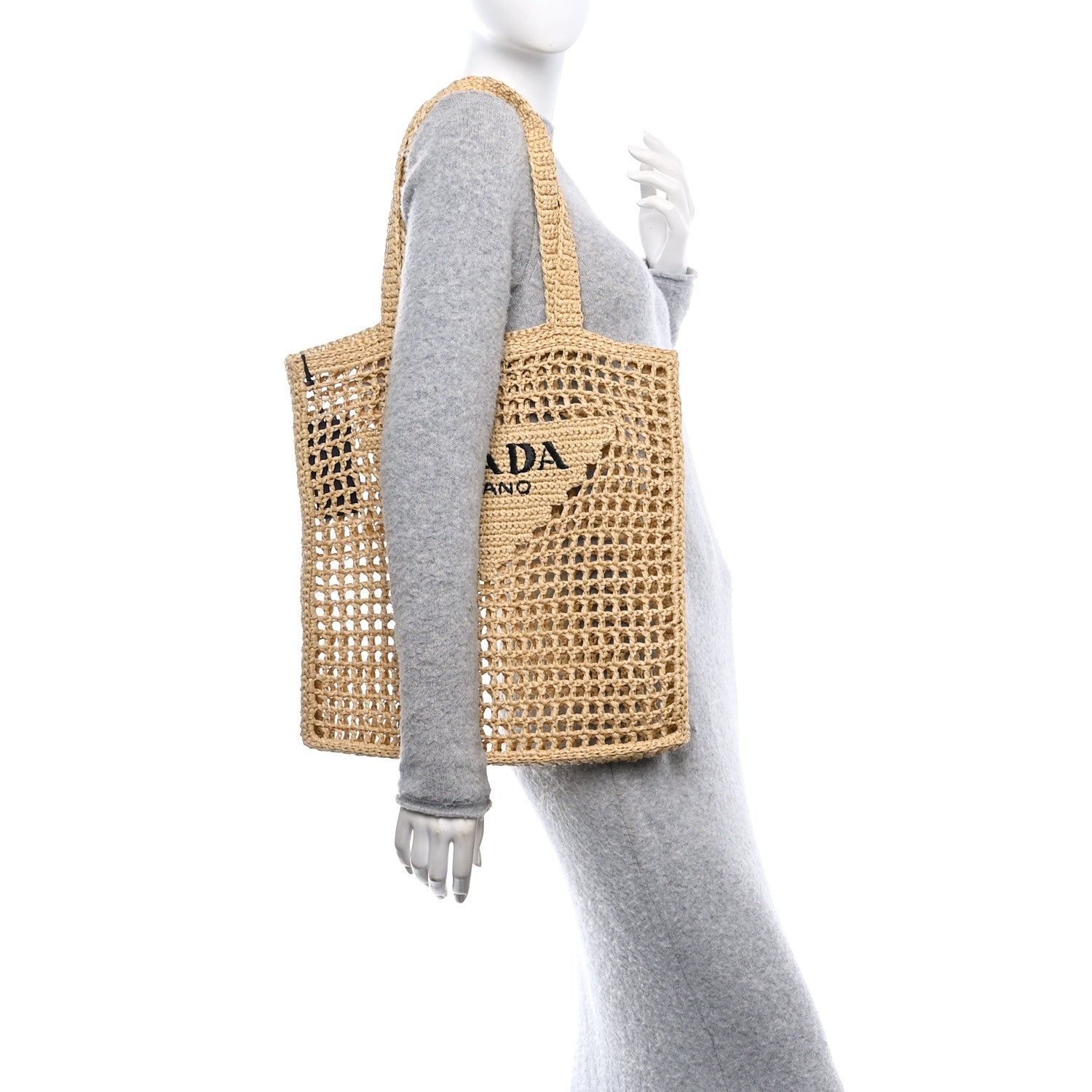 Prada Yarn Raffia Effect Crochet Logo Embroidered Tote Bag Naturale 2 of 10