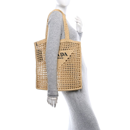 Prada Yarn Raffia Effect Crochet Logo Embroidered Tote Bag Naturale 2 of 10