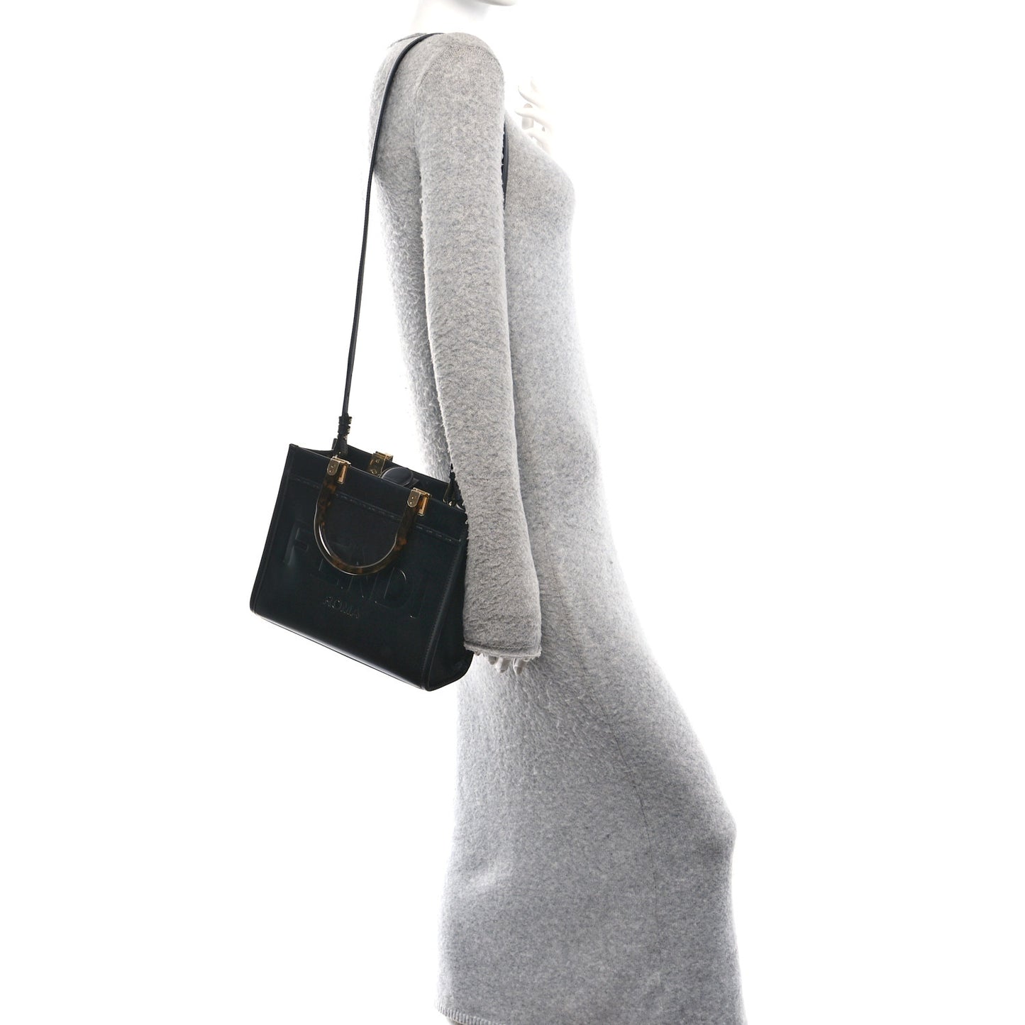 Vitello King Plexiglass Logo Embossed Small Fendi Sunshine Shopper Tote Black