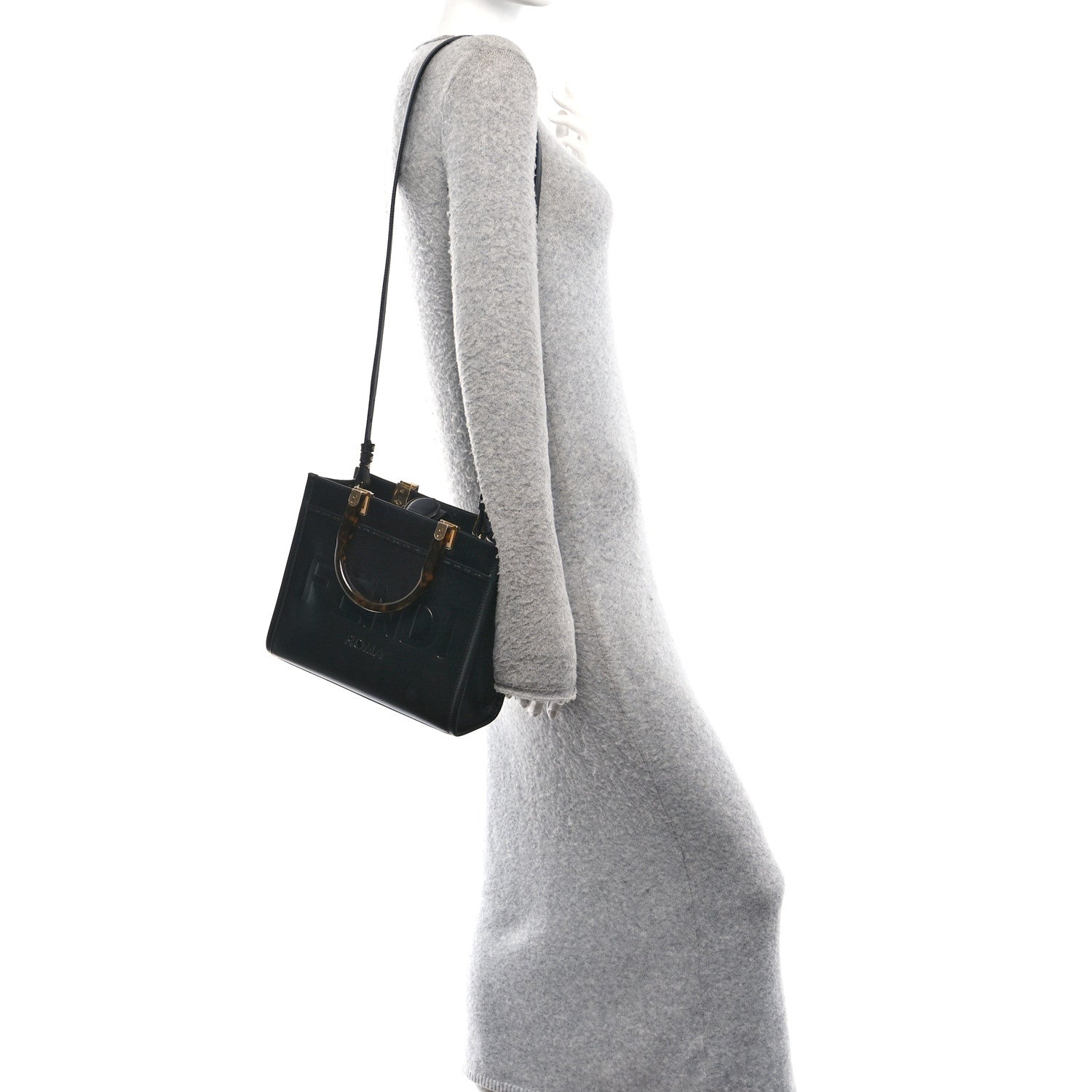 Fendi Vitello King Plexiglass Logo Embossed Small Fendi Sunshine Shopper Tote Black 2 of 9
