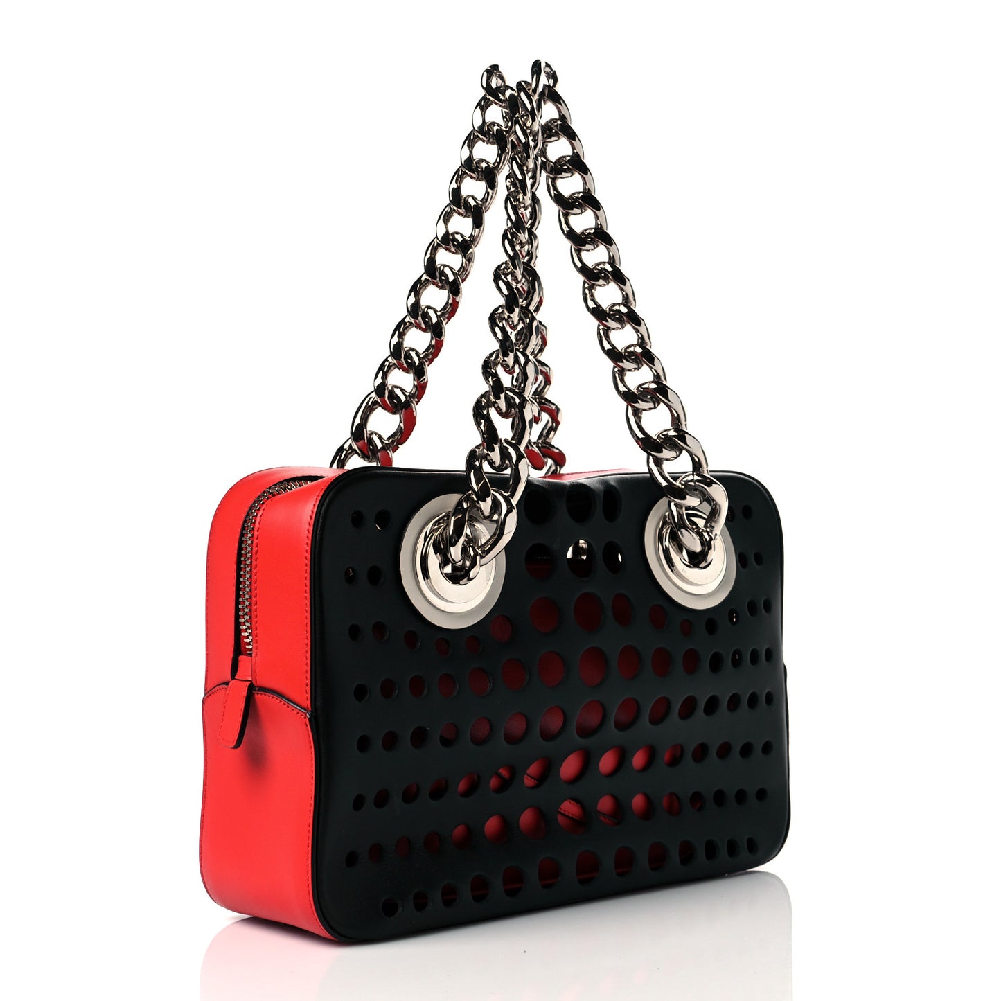 City Calfskin Perforated Chain Shoulder Bag Black Lacca