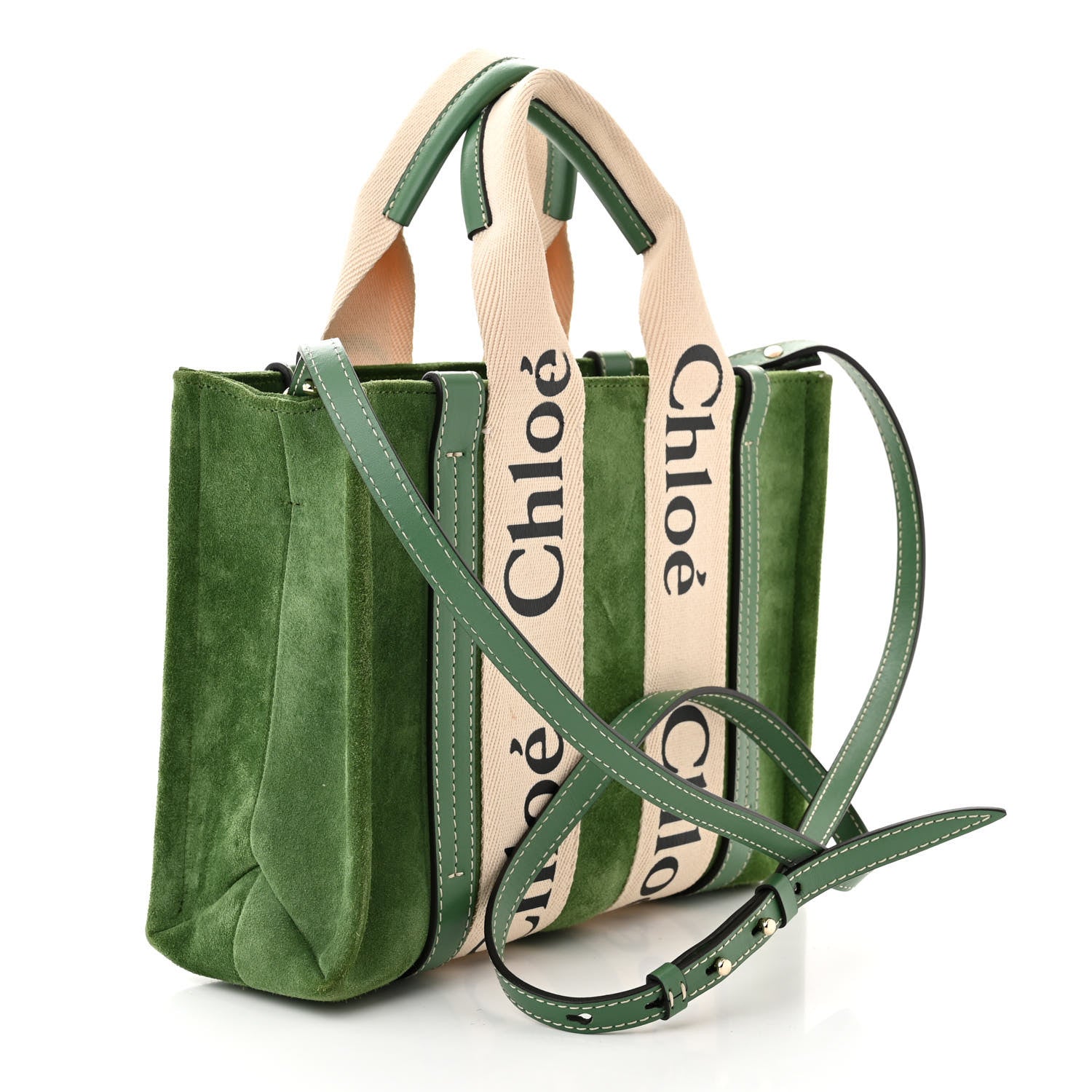 Chloe Suede Calfskin Small Woody Ribbon Tote Bright Green 3 of 10