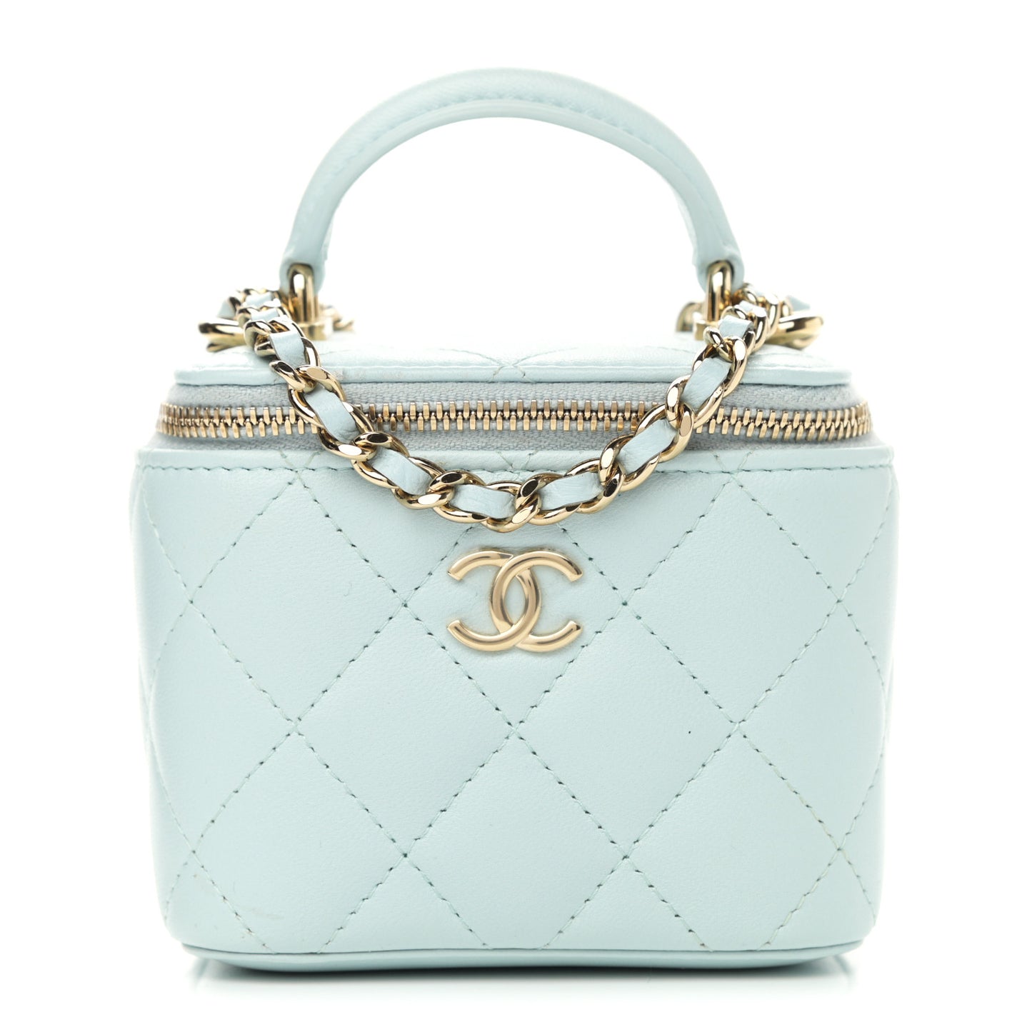Lambskin Quilted Top Handle Mini Vanity Case With Chain Light Blue