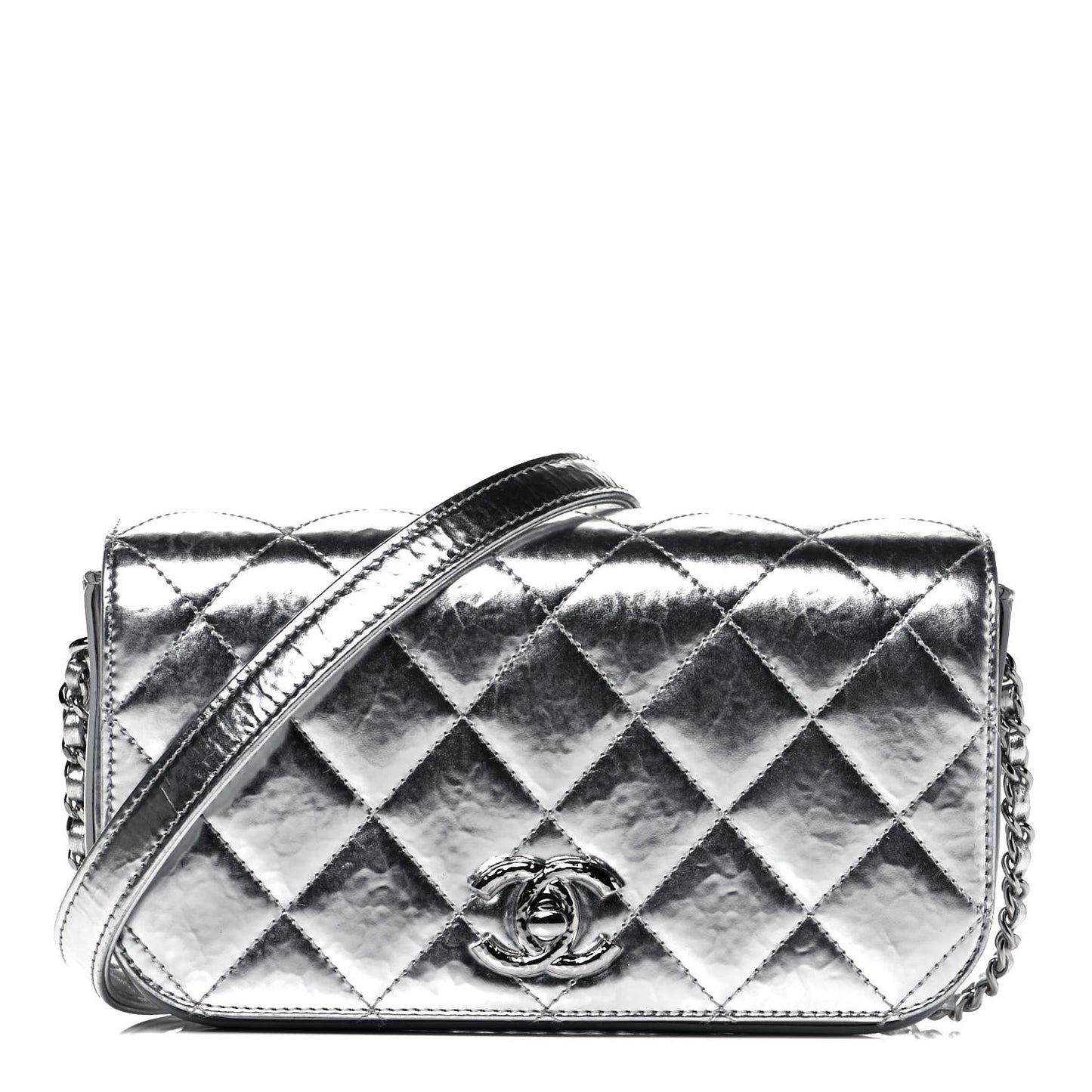 Hammered Metallic Calfskin Quilted Flap Silver